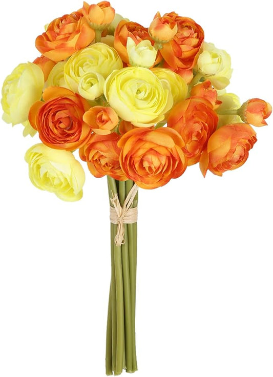 IPOPU Artificial Ranunculus Silk Flowers with Stems 12PCS Mini Fake Flowers for DIY Wedding Bouquet Bridal Shower Decorations Floral Filler Flowers Centerpieces (Orange Yellow)