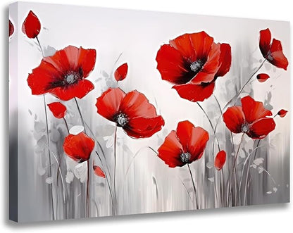 GLOKAK Red Poppies Wall Art - Modern Floral Red Poppy Flower on Grey Background Painting Poster Canvas Print Artwork For Home Bathroom Bedroom Decoration (36"x24")