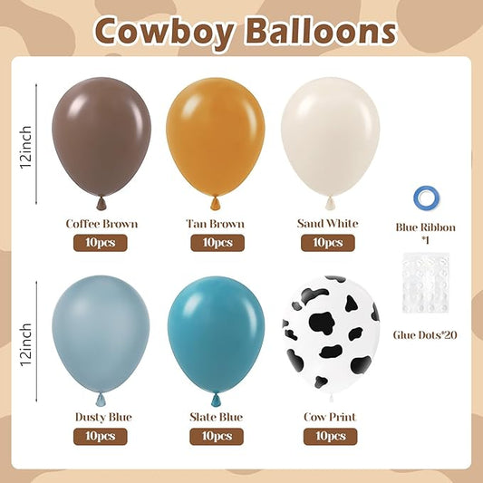 60pcs Cowboy Balloons, Brown Slate Blue Dusty Blue Sand White Latex Western Balloons for Farm Cowboy Western Baby Shower Birthday Party Decorations