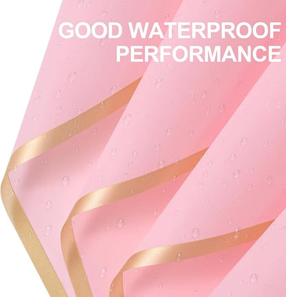 WRAPAHOLIC 20 Sheets Flower Wrapping Paper - 22.4 x 22.4 inch Gold Trim Pink Water-Resistant Floral Bouquet Wrapping Paper, Florist Supplies Packaging Paper for Wedding Birthday Gift DIY