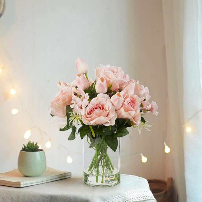 ENOVA FLORAL Pink Tulip Artificial Real Touch Flowers in Vase, Mixed Fake Tulips Fake Flowers and Silk Rose Artificial Flowers with Vase for Dining Table Decoration (Pink)