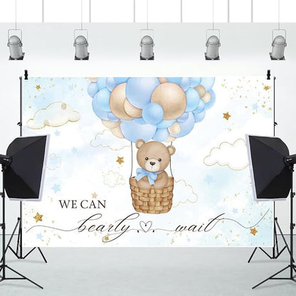 ChloropLastid We Can Bearly Wait Baby Backdrop Boy Bear Hot Air Balloon Baby Shower Photography Background Blue Balloons Clouds Stars Baby Party Cake Photo Decoration 12x8ft