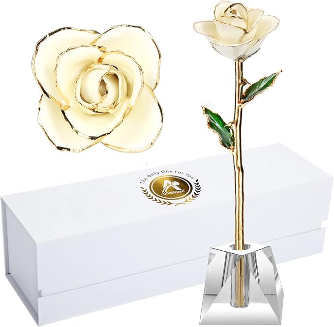 AliveRose Gold White Rose,24k Gold Real Rose Gift for her, Long Stem Rose Made from Real Gold Rose for Anniversary Valentines Mothers Day Birthday (Pearl White with Crystal Vase)