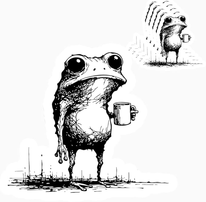 HANDICHI Design 5-Pack 2 Inch Funny Coffee Frog Stickers – Grunge Meme Vinyl Decals – Tired Frog Holding Coffee Cup Aesthetic Sticker Pack for Laptops, Water Bottles, Journals, and Scrapbooks