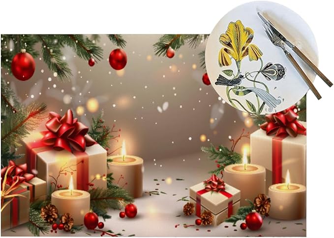 PVC Placemats Set of 1 Wipeable Table Mats Washable Heat Resistant Non Slip Vinyl Dining Table Mat for Kitchen Indoor Outdoor Patio Farmhouse Place Mats Christmas Candle Gift Decorative