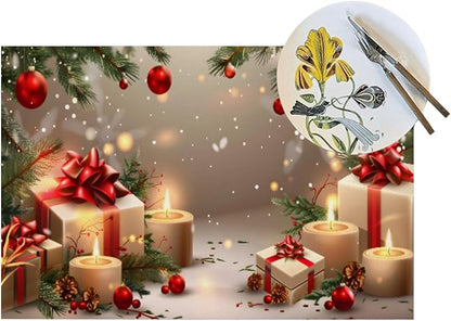 PVC Placemats Set of 1 Wipeable Table Mats Washable Heat Resistant Non Slip Vinyl Dining Table Mat for Kitchen Indoor Outdoor Patio Farmhouse Place Mats Christmas Candle Gift Decorative