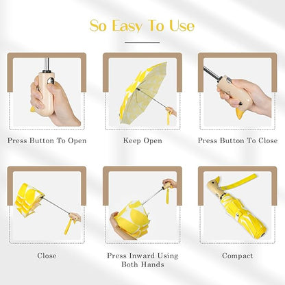 Cute Duck Umbrella Automatic - Compact Pretty Pocket Size Strong Duck Collapsible Umbrella Yellow Wooden Handle for Women
