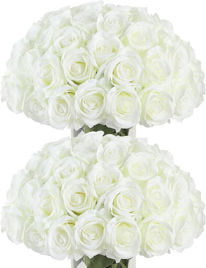 50pcs Artificial Roses Flowers in Bulk,Realistic Silk Fake Rose with Long Stem for Wedding Centerpieces Bouquet Party Floral Arrangement Home Decoration(Ivory White)