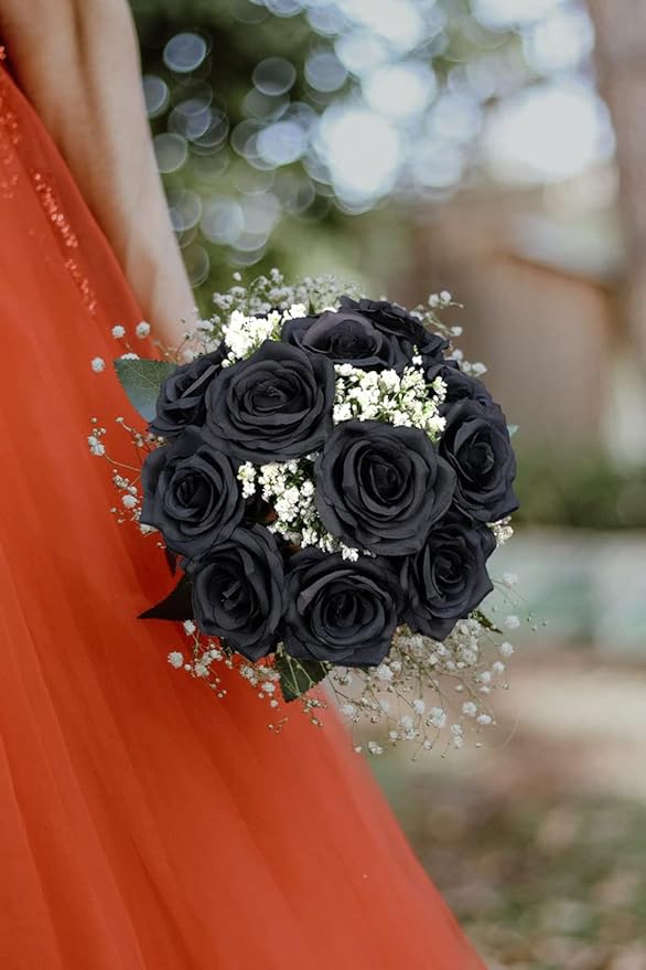 Artificial Rose Flower Black Flowers Black Roses Silk Flowers 12 pcs with Long Stem Silk Roses Bouquet for Wedding Bridal Shower Party Home Decoration