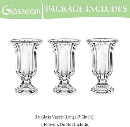 Glasseam Pedestal Glass Vase for Flowers, 7.5in Tall Compote Vase Set of 3, Crystal Clear Vases for Centerpieces, Ribbed Decorative Vases for Home Decor, Cute Footed Urn for Living Room Decorations