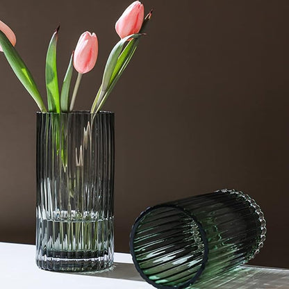 Muyan 9.8" Flower Vase for Decor Ribbed Glass Vase Modern for Centerpieces Desktop Home Office Dining Living Room Wedding (Gray)