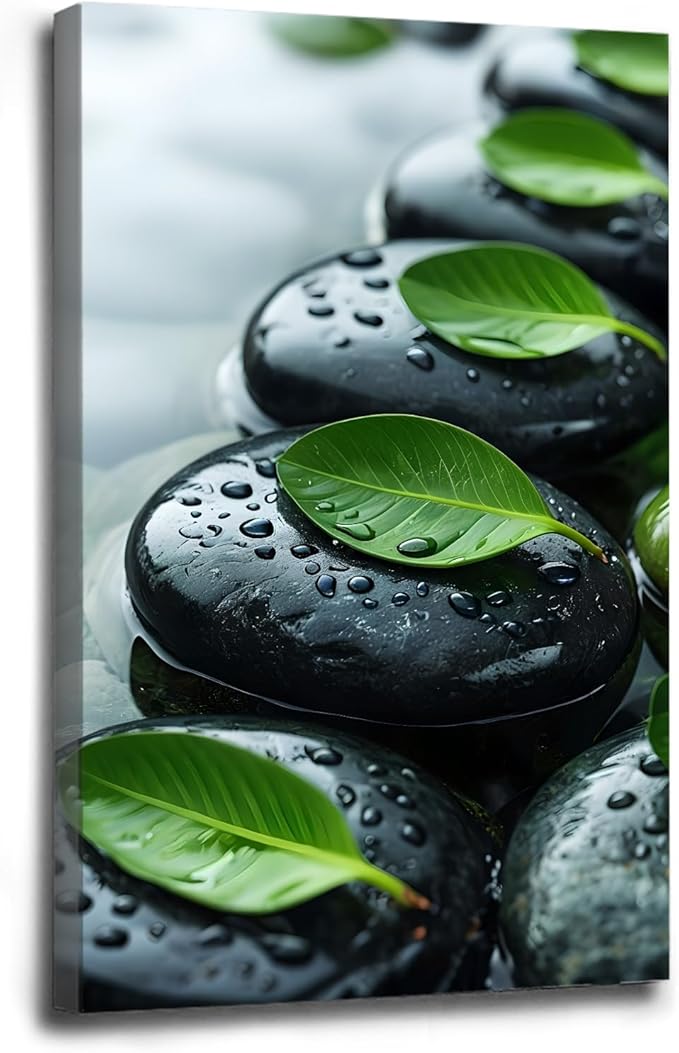 Glittering black stone cluster with fresh green leaves and water drops poster tranquil mist rain wall art zen wall art suitable for modern minimalist home decor 12x18in Wood Framed