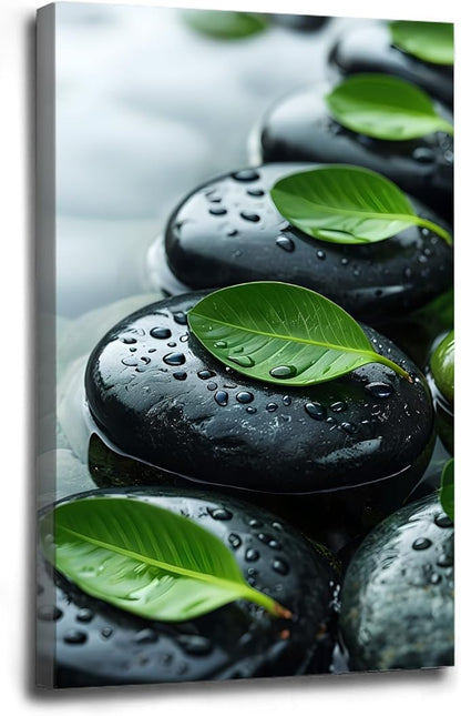 Glittering black stone cluster with fresh green leaves and water drops poster tranquil mist rain wall art zen wall art suitable for modern minimalist home decor 12x18in Wood Framed