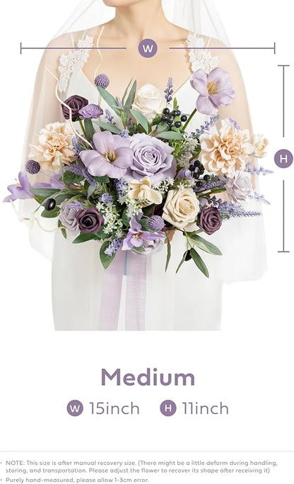 Ling's moment Purple Lavender Wedding Bouquets for Bride, Lilac Bridal Bouquets for Bride,15 Inch Free Form Artificial Wedding Flower Bouquet