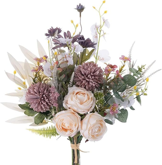 16-inch Artificial Fake Flowers Silk Table Arrangements Faux Plastic Floral Centerpieces for Home Kitchen with Roses, Dandelions, Chrysanthemum, Phalaenopsis, Eucalyptus, Sages, Orchids