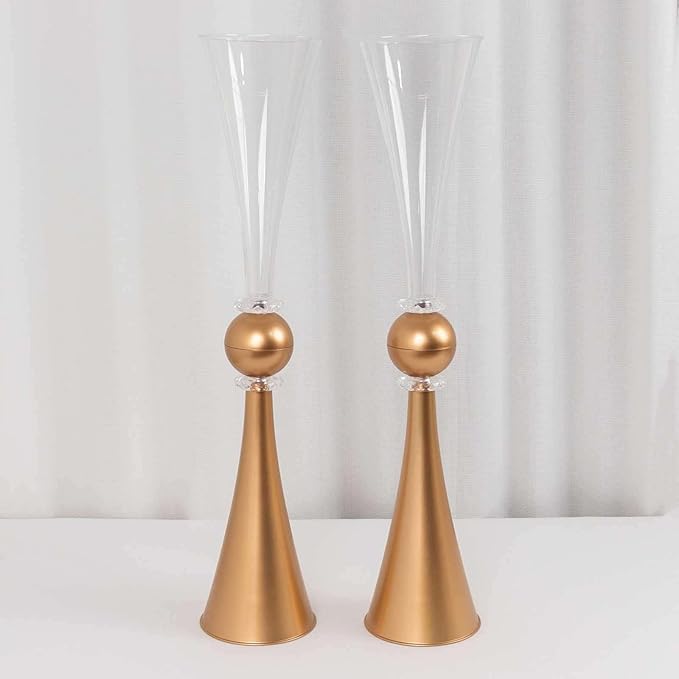 Efavormart 2 Pack Clear Gold Crystal Embellishment Trumpet Table Centerpiece, Reversible Plastic Flower Vase - 27"