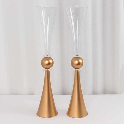 Efavormart 2 Pack Clear Gold Crystal Embellishment Trumpet Table Centerpiece, Reversible Plastic Flower Vase - 27"