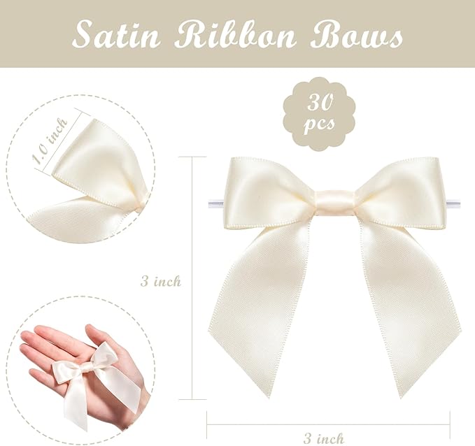 WRAPAHOLIC 30 Pcs 3" Ivory Satin Ribbon Bows with Twist Tie - Pretied Premade Craft Bows for Christmas Party Crafts Treat Bags Gift Wrapping Wedding Birthday Baby Shower