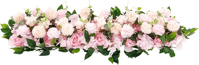 TFCFL Artificial Flowers Row, 39.5" X 12" Wedding Arch Faux Floral Swags, 3D Flower Panels Arrangement, DIY Wall Backdrop for Wedding Party Table Runner Decoration (Pink)