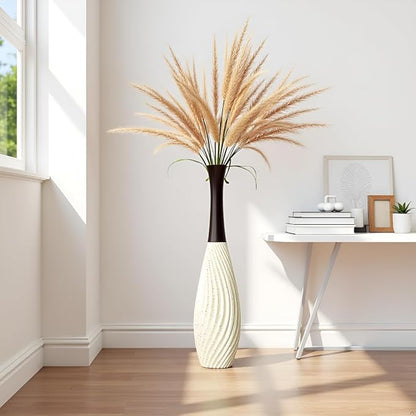 23.6 Inch Cream Tall White Vases – Brown Neck Teardrop Vase with Textured Vertical Lines & Speckled Finish, Decorative Floor Vase for Living Room, Wedding, Boho Home Decor – Resin Tall Vases