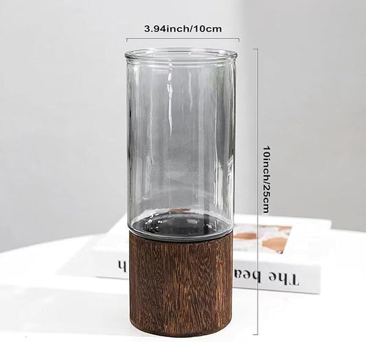 10 Inch Large Artistic Wood Base Glass Cylinder Flower Vase, Ins Modern Boho Style for Home Kitchen Fireplace Office Desks, Houses, Garden Decorations-Grey