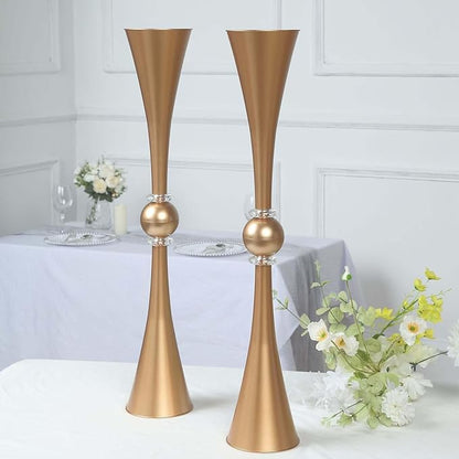 Efavormart 2 Pack | 31" Gold Crystal Embellishment Trumpet Table Centerpiece, Reversible Plastic Flower Vase