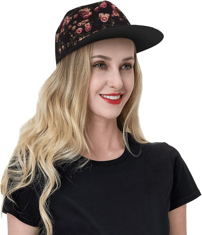 ASYG Rose Baseball Cap Women Hat Fashion Flat Bill Brim Flowers Adjustable Hats Cute Cap