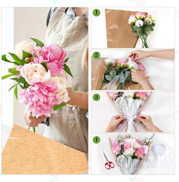 HSONAIGEE 50 Pieces Flower Bouquet Wrapping Paper, 15.8 x 13.8 x 3.9 Inch Flower Bags for Bouquets Kraft Floral Wrap Sleeves with Ribbons for Home Mother’s Day Wedding Flower Bar Supplies