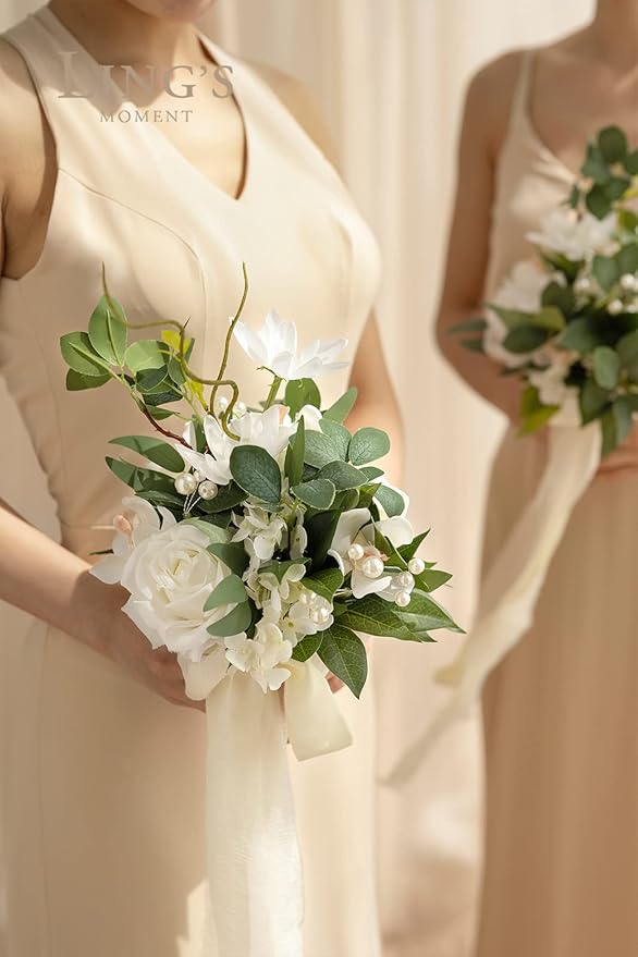 Ling's moment Artificial Flowers White Bridesmaid Bouquet Set of 4, White & Sage Wedding Flowers Bouquets for Bridesmaids, 7 Inch Bridal Bouquets for Bridesmaids, Wedding, Ceremony, Anniversary, etc