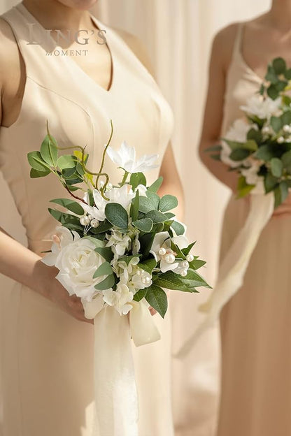 Ling's moment Artificial Flowers White Bridesmaid Bouquet Set of 4, White & Sage Wedding Flowers Bouquets for Bridesmaids, 7 Inch Bridal Bouquets for Bridesmaids, Wedding, Ceremony, Anniversary, etc
