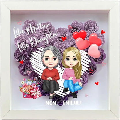 Personalized Mom Flower Shadow Box Custom Heart Shaped Rose Flower Shadow Box Frame Like Mother Like Daughter Mother's Day Portrait Shadowbox Memory Gifts for Mom from Daughter Christmas Birthday