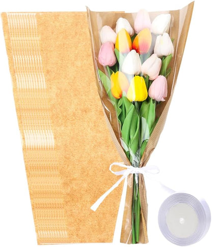 HSONAIGEE 50 Pieces Flower Bouquet Wrapping Paper, 17.7 x 9.5 Inch Small Flower Bags for Bouquets Kraft Floral Wrap Sleeves with Ribbons for Home Mother’s Day Wedding Flower Bar Supplies