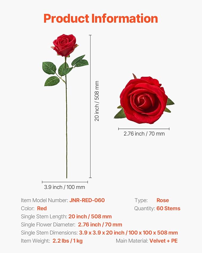 VEVOR Artificial Flowers, 60 pcs Real Looking Red Foam Fake Roses Bulk, Faux Red Bridal Shower with Stems for DIY Wedding Bouquets, Home Centerpieces Arrangements, Party Tables Decorations