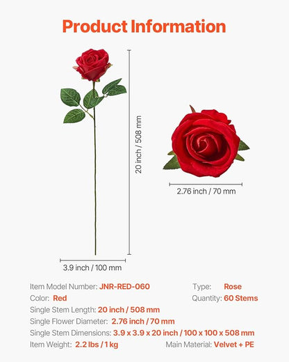 VEVOR Artificial Flowers, 60 pcs Real Looking Red Foam Fake Roses Bulk, Faux Red Bridal Shower with Stems for DIY Wedding Bouquets, Home Centerpieces Arrangements, Party Tables Decorations