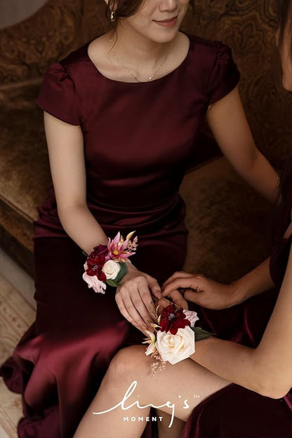 Ling's moment 6pcs Wedding Wrist Corsage Artificial Flowers, Girl/Mother Homecoming Prom Corsages Wristlet Décor, etc. Burgundy Marsala Blush