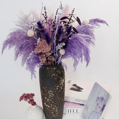 Natural Dried Pampas Prairie Bouquet, 17 "Natural Dried Bouquet, Purple Pampas and Millet Flower Mixed Bouquet Bohemian Style Family Wedding Dried Flower Decoration