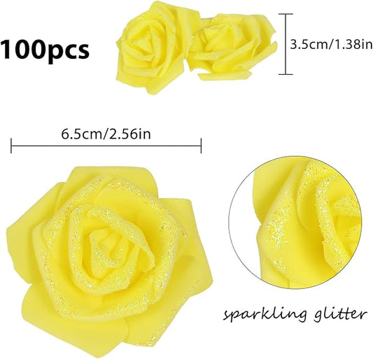 100pcs Yellow Glitter Roses - 2.56" Foam Glitter Flowers - Fake Roses for Bridal Shower Centerpieces & DIY Wedding Flower Arrangements