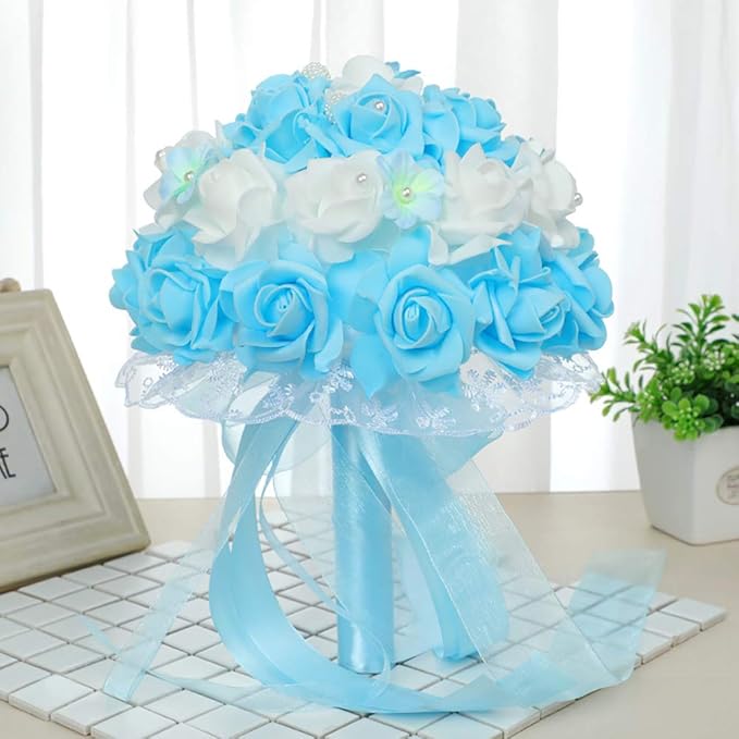 IPOPU Artificial Rose Flower Heads, 100 Pcs Real Looking Sky Blue Foam Fake Roses for DIY Wedding Baby Shower Centerpieces Arrangements Party Tables Home Decorations (Sky Blue, Stemless)