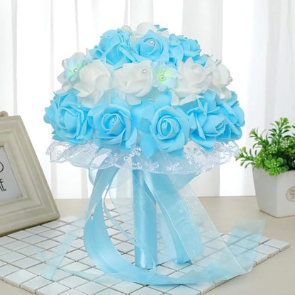 IPOPU Artificial Rose Flower Heads, 100 Pcs Real Looking Sky Blue Foam Fake Roses for DIY Wedding Baby Shower Centerpieces Arrangements Party Tables Home Decorations (Sky Blue, Stemless)