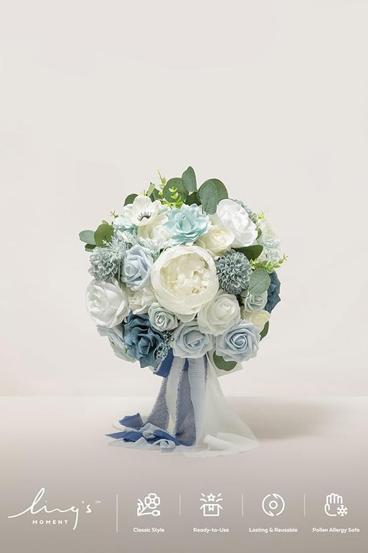 Ling's moment Dusty Blue Bridal Bouquet for Bride, Blue Wedding Bouquets for Bride, 9 Inch Silk Round Artificial Wedding Flowers Bouquets