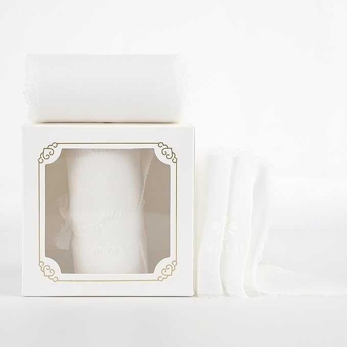 MEEDEE White Chiffon Ribbon 3 Inch White Fringe Ribbons Chiffon Silk Frayed Edge Ribbon Wide Chiffon Ribbons for Crafts, Flower Bouquet, Wedding Favors Wrapping (2 Rolls 10 Yards)