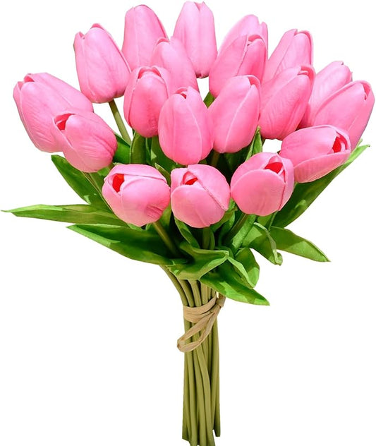 Mandy's Artificial Tulips 20 Stems Pink PU Faux Flowers for Thanksgiving and Christmas Decorations Wedding Home Decor 13.5 Inch