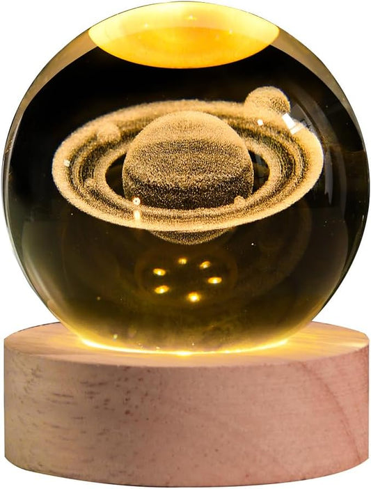 3D Saturn Crystal Ball with LED Stand, 60mm Glass Sphere Decorative Balls Lamp, Space Planet Model Galaxy Night Light Gifts for Women Kids