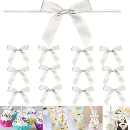 100 Pack 3" Satin Twist Tie Bows, Twist Bows for Treats, Ribbon Bows with Twist Ties Gift Wrap Bows, Pretied Bows Ties for Cake Pops, Baby Shower, Sweets Packaging, Party Favors, Gifts(Silver)