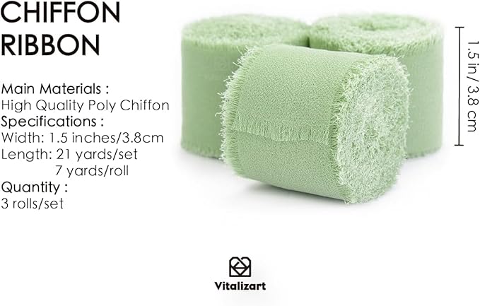 Vitalizart Sage Green Handmade Chiffon Silk Ribbon Fringe 3 Rolls 1.5" x 21 Yd Frayed Edges Ribbons for Wedding Invitations Bridal Bouquets Gifts Wrapping Crafts Holiday Decor