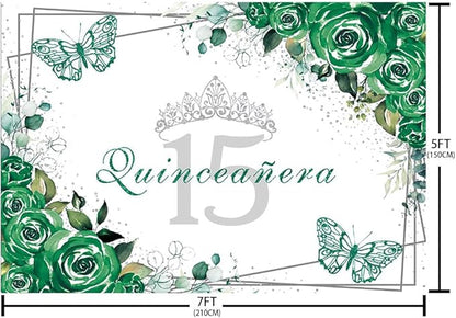 Sendy 7x5ft Quinceañera Backdrop Mis Quince 15 Anos Birthday Party Decorations Supplies for Girl Princess Green Floral Butterfly Silver Crown Photography Background Banner Photo Booth Studio Props