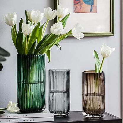 Muyan 7.5" Flower Vase for Decor Ribbed Glass Vase Modern for Centerpieces Desktop Home Office Dining Living Room Wedding (Gray)