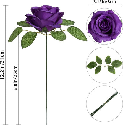 20pcs Purple Roses Artificial Flowers Fake Roses Real Looking Silk Flowers Bulk Big Faux Roses with Stems for Wedding Centerpieces Table Home Party Decor Bridal Floral Arrangements (Purple)
