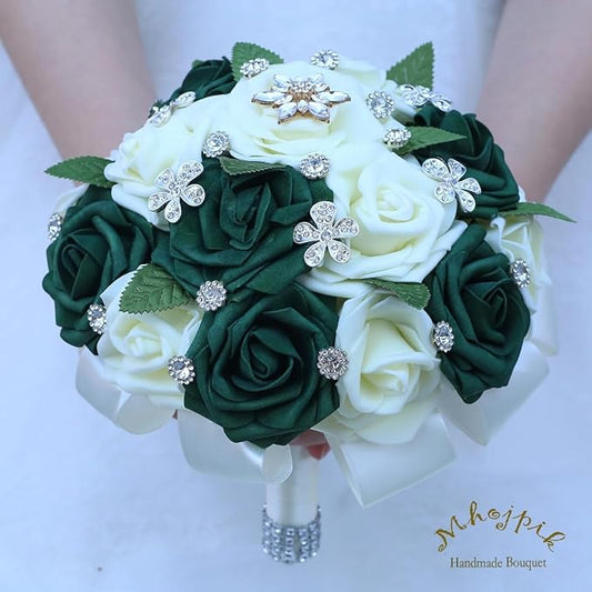 Lightweight Bridal Wedding Bouquet Round Holding Bouquet Throw Toss Artificial Rose Flower Bunch for Bride Bridesmaid Wedding Quinceanera (Cream & Dark Green, 9.1")