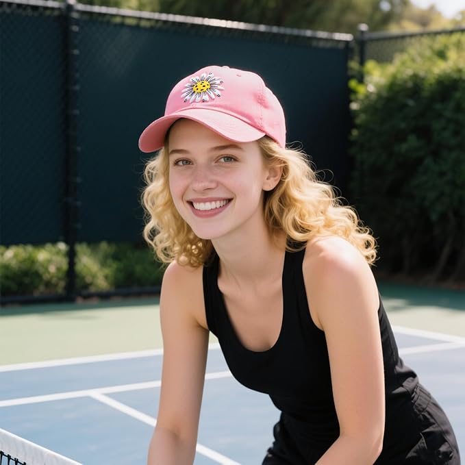 Waldeal Pickleball Hat for Women, Ajustable Embroidered Daisy Washed Denim Baseball Cap